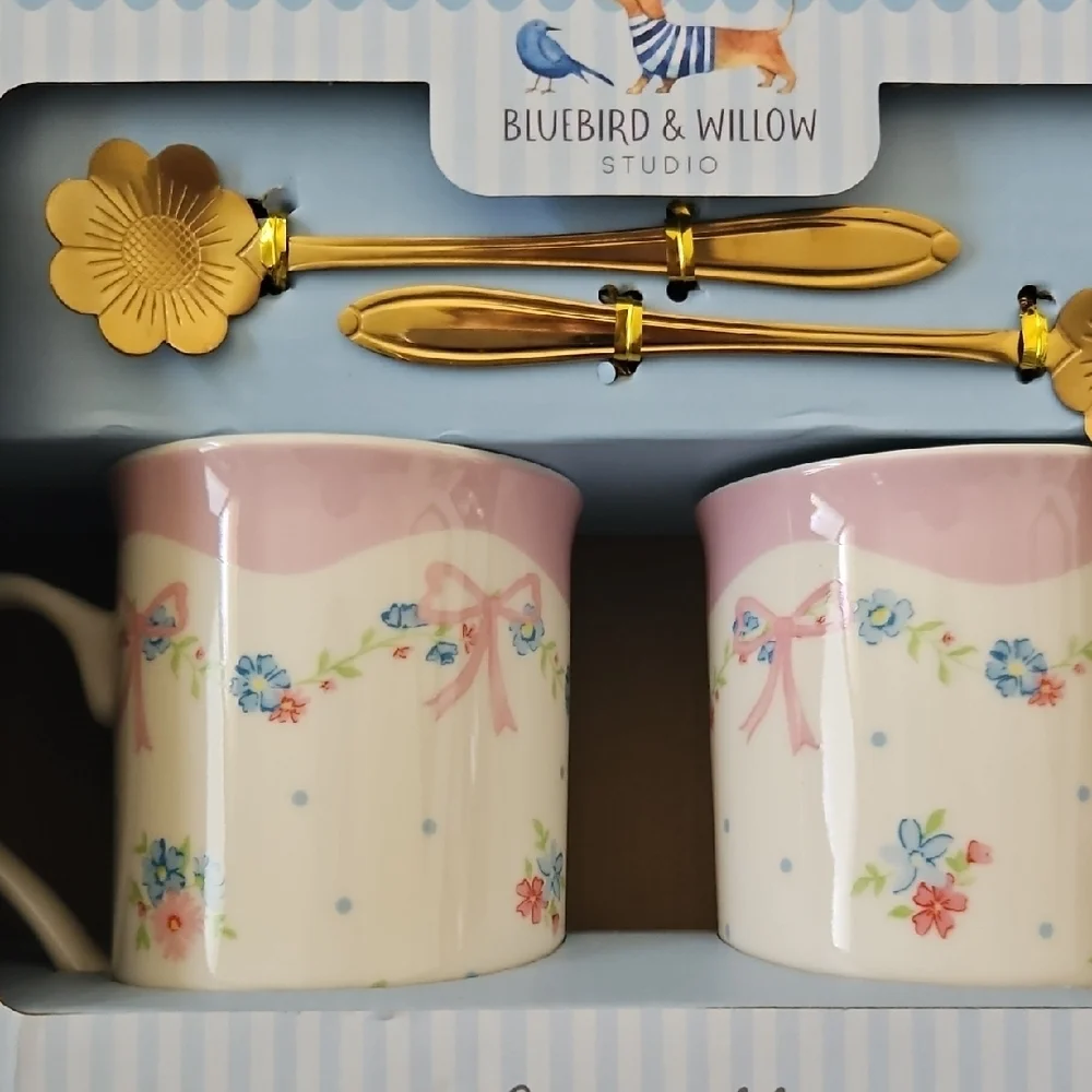 Floral Mug and Spoon Set - Pink and Gold